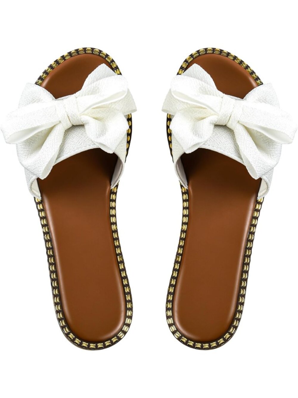 Women's White Bow Knot Slides Open Toe Solid Slip On Casual Flat Sandal Shoes